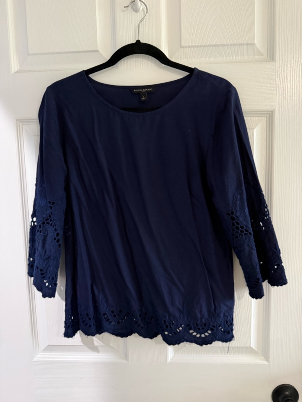 Banana Republic Navy Cotton Eyelet-Hem Long Sleeve Top